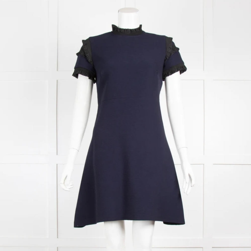 Caara Size Medium Massanet Shift Mini Dress Navy Ruffled Hourglass Short Sleeve